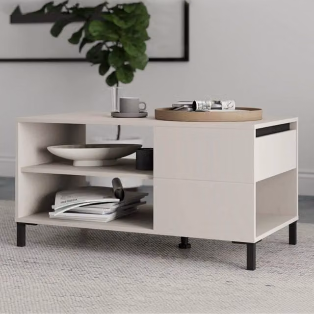 Tavolino da salotto Salentina DMORA con un cassetto, Bianco Crema, L: 102 cm, P: 55 cm, H: 52 cm – 1