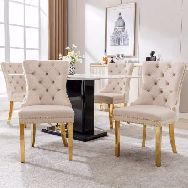 Sedia da Pranzo Imbottita in Velluto ¨C MINIMAL ¨C Beige/Oro, Schienale con Borchie, Gambe in Acciaio Dorato