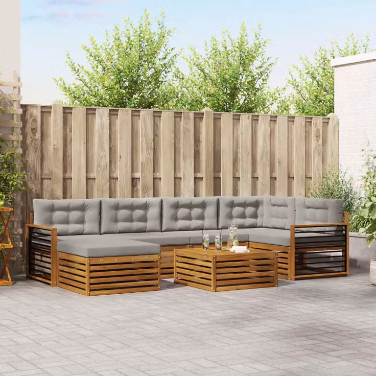 Set di divani da esterno vidaXL a forma di U composto da 7 pezzi in legno di acacia con cuscini inclusi, colore grigio e marrone