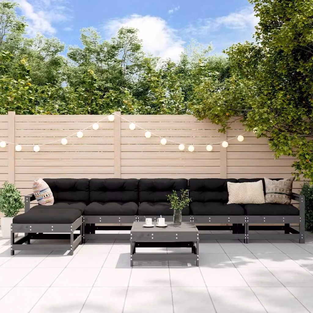 The Living Store Set da giardino 7 pezzi con cuscini in legno massiccio grigio