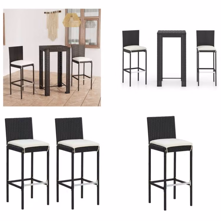 vidaXL Set bar da giardino 3 pezzi con cuscini in poly rattan nero - Set da bar - Set da bar - Tavolo e sgabelli da bar - Tavolo da bar