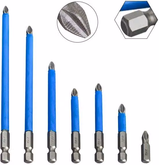 Set di 7 cacciaviti magnetici a croce, adatti per avvitatori a percussione, attacco esagonale da 1/4 di pollice, (25-50-65-70-90-127-150) mm