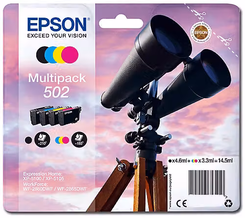 Multipack di 4 cartucce d'inchiostro Epson 502 per stampanti inkjet, colori Nero, Giallo, Ciano e Magenta