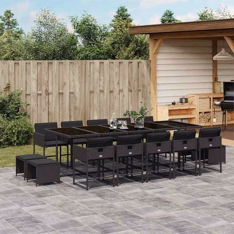 vidaXL Set da Pranzo da Giardino 15 pz in Polyrattan Nero con Cuscini e Tavolo in Vetro