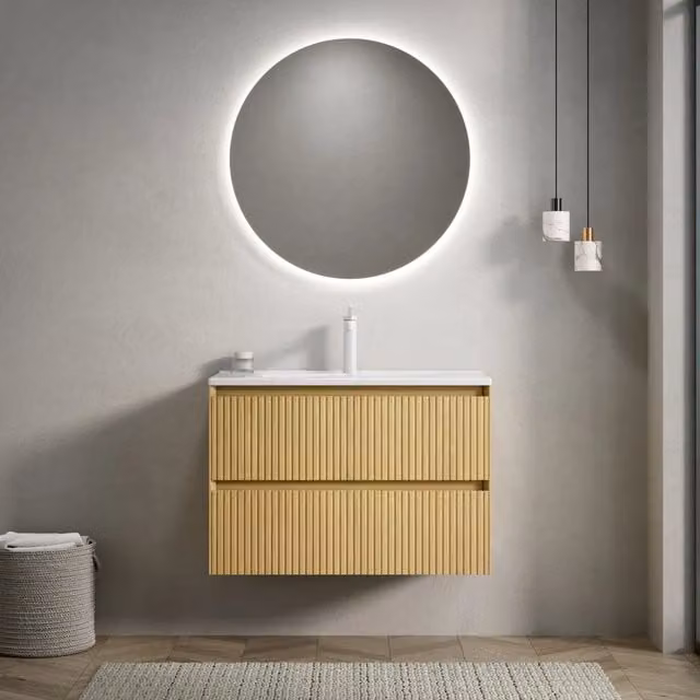 Mobile lavabo da bagno 75 cm con lavandino in ceramica bianco rettangolare, mobile in compensato striato colore legno Collora con 2 cassetti, preassemblato