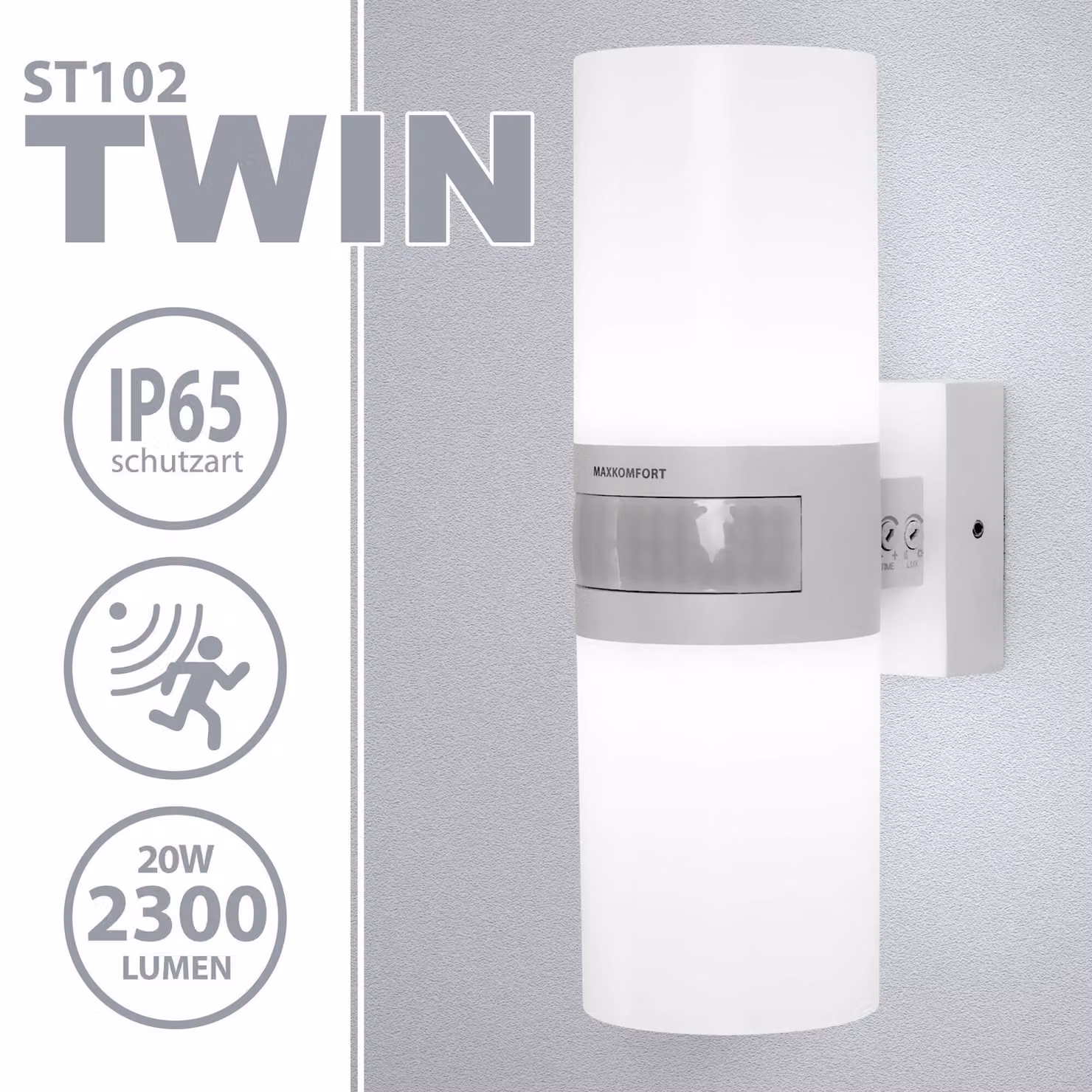 Lampada da parete esterna a LED Maxkomfort con sensore di movimento - 20W, 4000K (bianco neutro), grado di protezione IP65 (resistente agli agenti atmosferici), realizzata in alluminio bianco