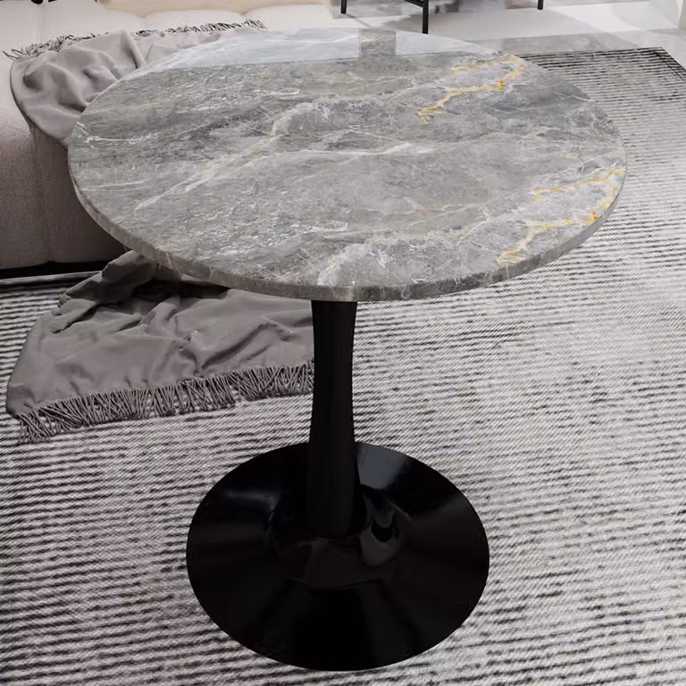 MODFU Tavolino da caffè in stile Mid-Century-Modern, Tavolino da salotto con piano in marmo rotondo da 27,6 pollici di diametro, Tavolino da divano con gambe alte per 2-4 persone, Nero+ Grigio