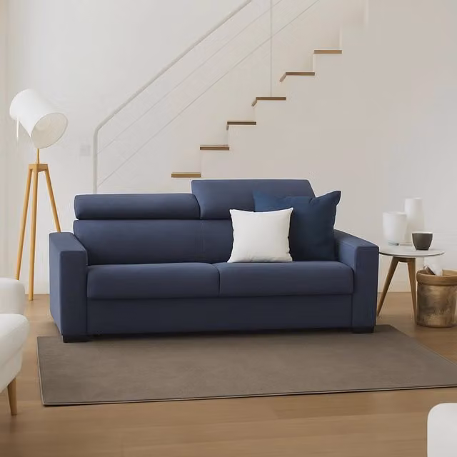 Divano Letto Amalfi Talamo Italia, Divano a 2 posti con apertura girevole, Poggiatesta regolabili e Braccioli, Blu, L: 200 cm, P: 95 cm, H: 85 cm