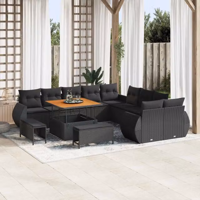 Set Divano da Giardino vidaXL a Forma a U in Polyrattan Nero con Cuscini e Tavolino da Esterno