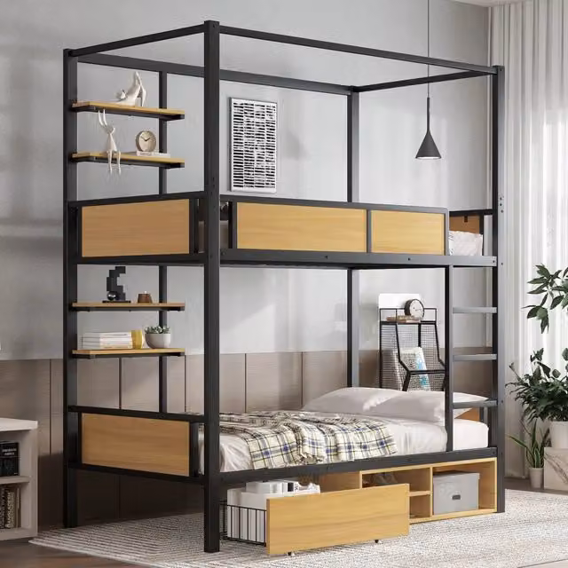 Letto a castello 90x200 cm in metallo e MDF; con contenitore; ripiani e cassetto; nero e naturale