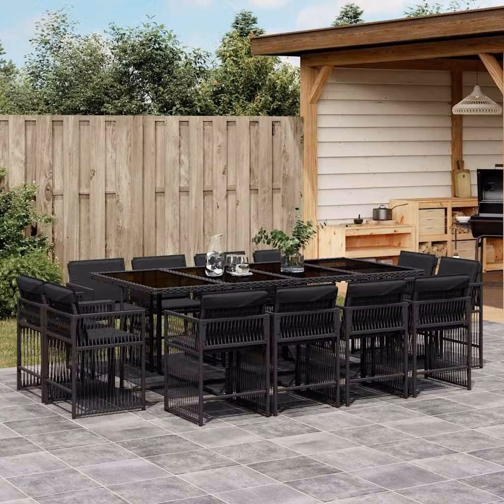 vidaXL Set da Pranzo da Giardino 13pz in Polyrattan Nero con Cuscini e Tavolo in Vetro – 1