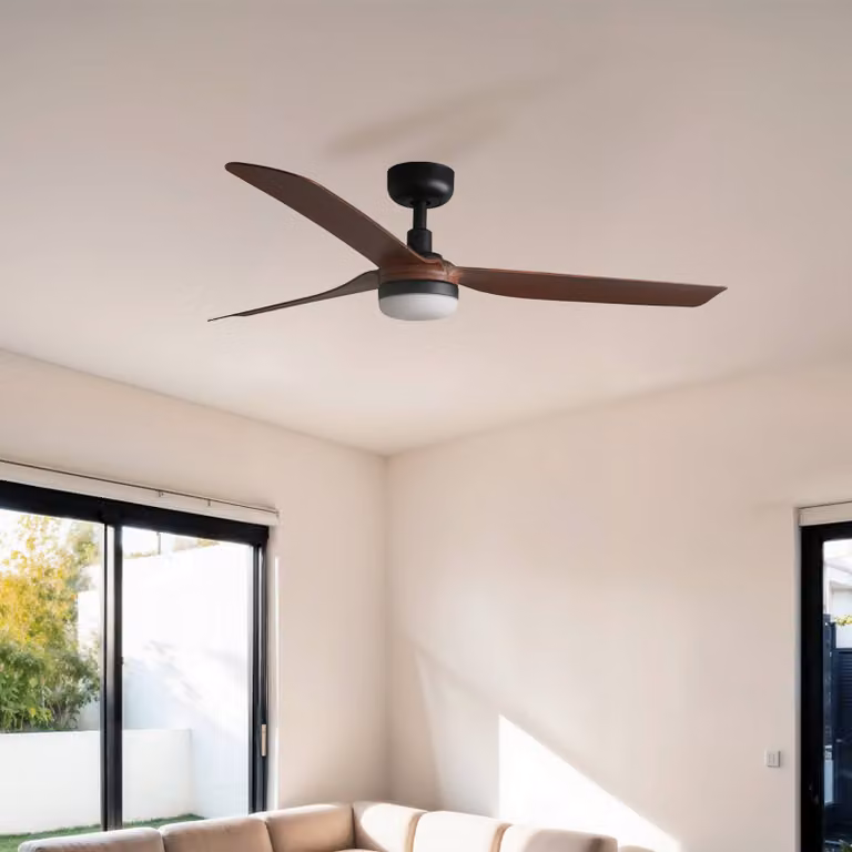 FARO BARCELONA Ventilatore da soffitto LED Punt M, nero/legno, CC, silenzioso, 130 cm dimmerabile, Nero, Soggiorno / Sala da pranzo, Metallo, Moderno
