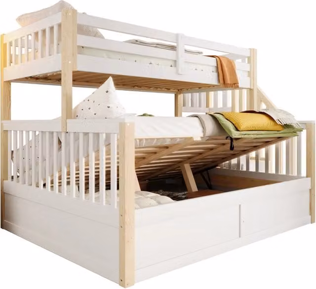 Letto a castello Chicfurn per bambini in legno e MDF bianco con scala contenitore e vano contenitore a sollevamento, dimensioni L/P/H: 200 x 120 x 146,5 cm