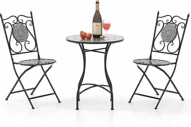 Set da Giardino 3 Pezzi,Set da Pranzo in Metallo Robusto a Mosaico, con 2 Sedie Pieghevoli, Set Tavolo e Sedie per Interno ed Esterno (Nero+Grigio)