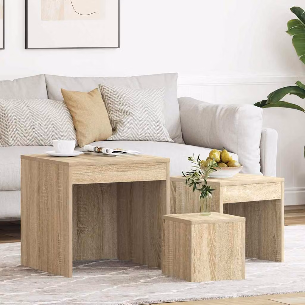 Set di 3 tavolini impilabili vidaXL in legno multistrato e MDF, colore rovere, design moderno per soggiorno o camera da letto
