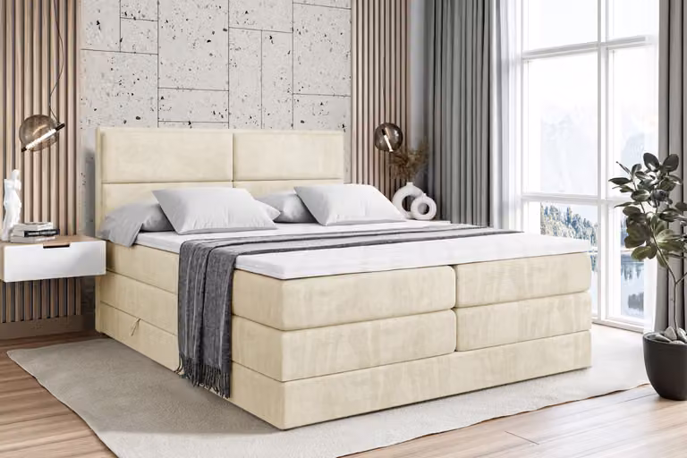 Letto boxspring ALTDECOR con 2 materassi e topper - 140x200 cm - AURA KING - Velluto beige - Letto imbottito con materassi H3 e H4, contenitore e rete a doghe, letto con spazio contenitivo