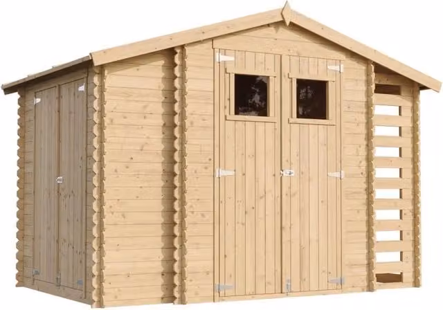 Casetta da Giardino in Legno TIMBELA M389+M389G in stile Rustico, Colore Grigio e Beige