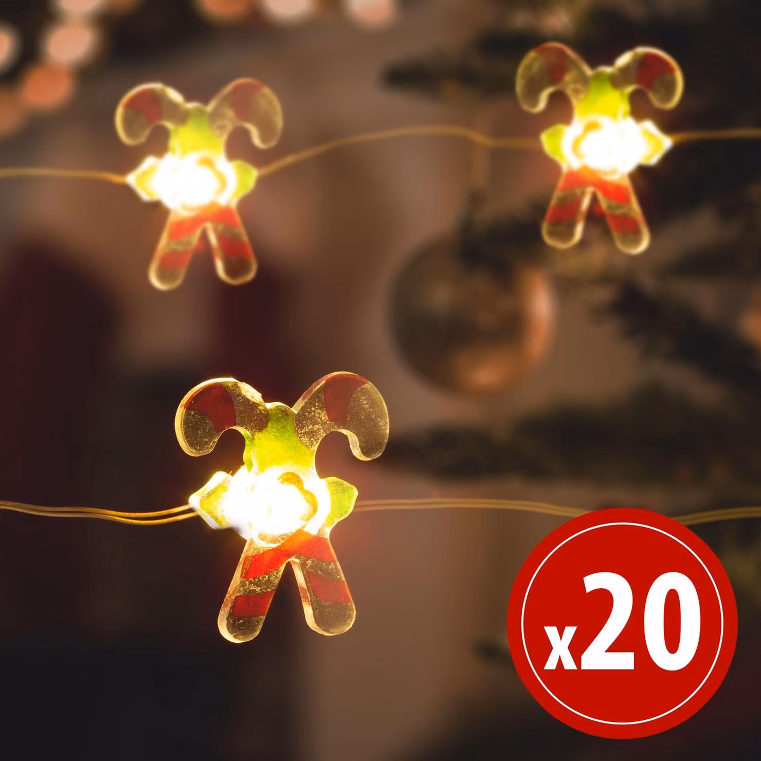 Catena luminosa a LED - Forma: bastoncino di zucchero - Lunghezza: 2,2 metri - 20 LED - Luce bianco caldo - Alimentazione: 2 batterie AA