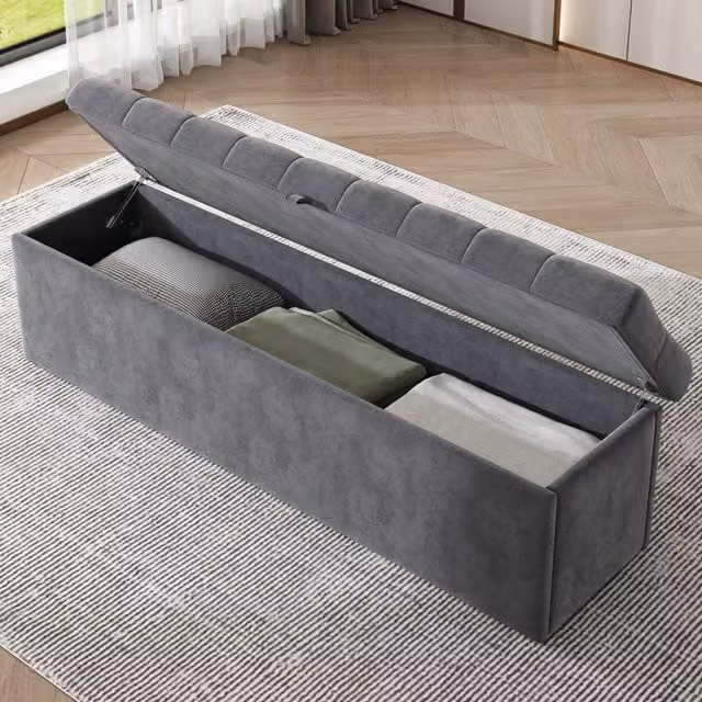 Panca contenitore imbottita per fondo letto con ampio vano portaoggetti da camera in velluto grigio 138 × 41 × 42 cm