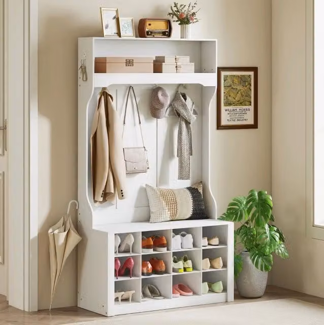 Appendiabiti da ingresso ULEVR 100x35x172,2 cm con panca, 6 ganci e 12 vani portascarpe, bianco
