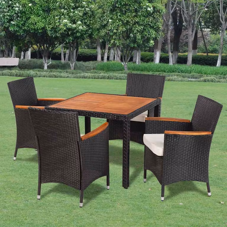 Set da pranzo da giardino vidaXL in polyrattan nero con cuscini e tavolo in legno di acacia