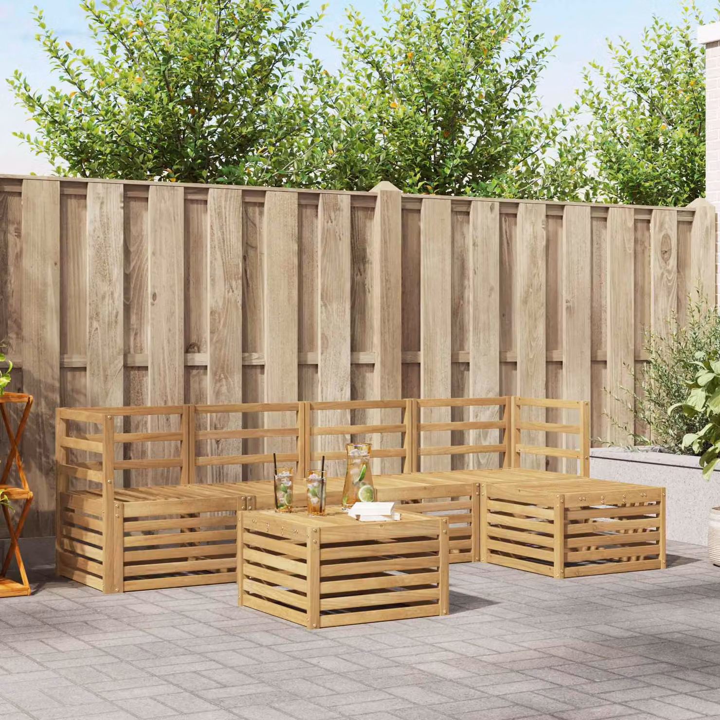 vidaXL Set di divani da esterno a L in legno di acacia con cuscini, bianco e marrone