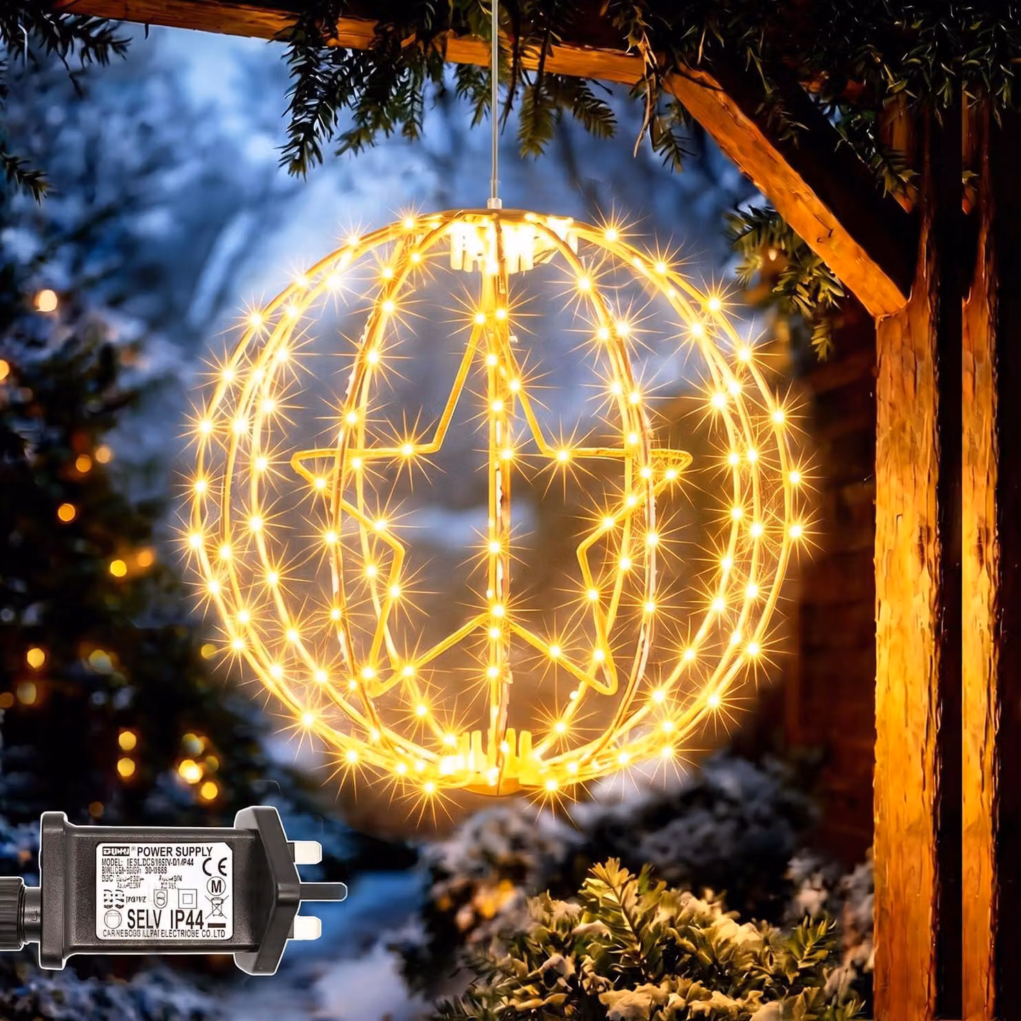Catena luminosa a forma di stella di Natale, con 200 LED, grado di protezione IP65, colore nero, cavo di 5 metri