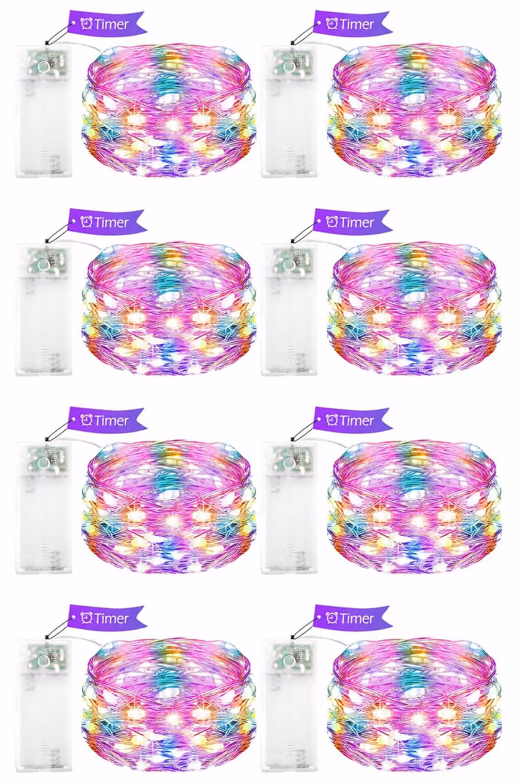 Set di luci a catena, 8 pezzi, filo di rame, colorato, 1 metro di lunghezza, 10 LED, con timer