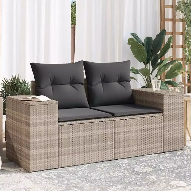 Divano da giardino a 2 posti vidaXL in polyrattan grigio con cuscini in schiuma e coperture rimovibili