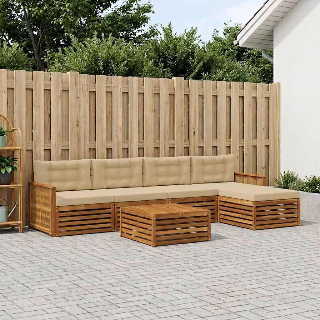 Set di divani da esterno vidaXL in legno di acacia con pouf e tavolino, 6 pezzi, Beige e Sabbia