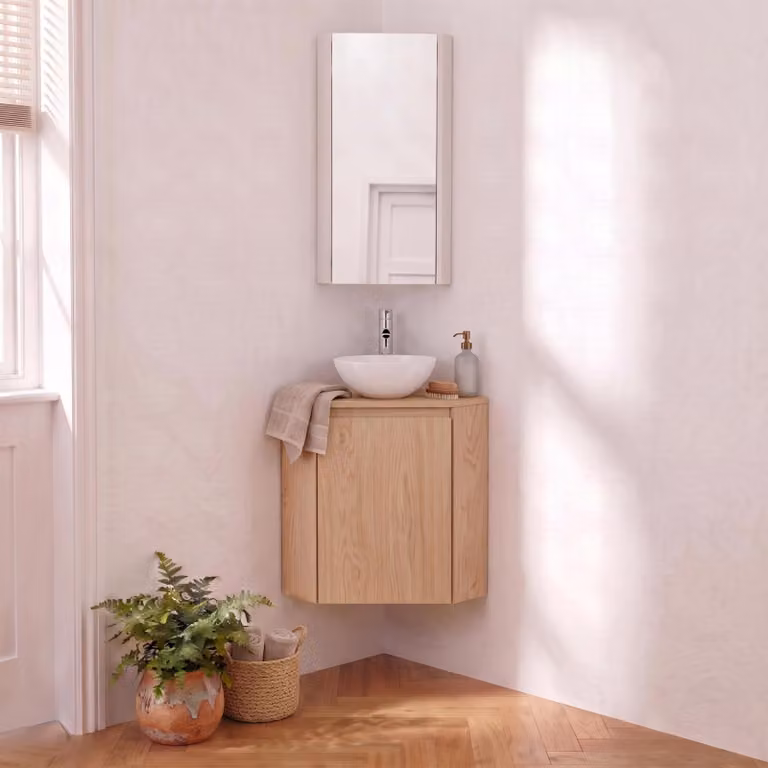 Set lavamani ad angolo con lavabo, rubinetto e pensile da bagno SORRENTO