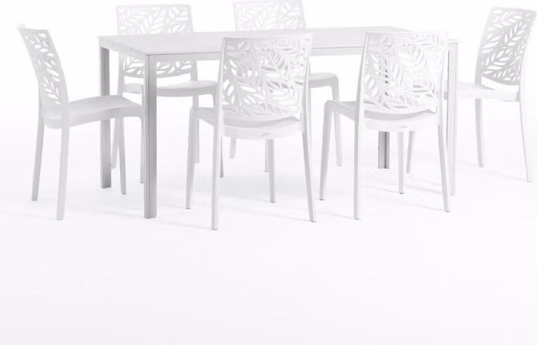 Set da pranzo per esterni con tavolo rettangolare 156x78 cm e 6 sedie impilabili in resina rinforzata con fibra di vetro - design moderno in look legno, ideale per giardino, terrazza e aree esterne coperte - THOMAS+DAFNE - Bianco/Bianco