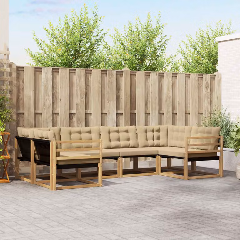 Set di divani da esterno vidaXL 6 pz in legno di acacia con cuscini, Bianco e Beige