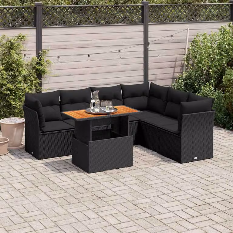 Set Divani da Giardino vidaXL in Polyrattan e Legno di Acacia Oliato con 7 Cuscini Nero