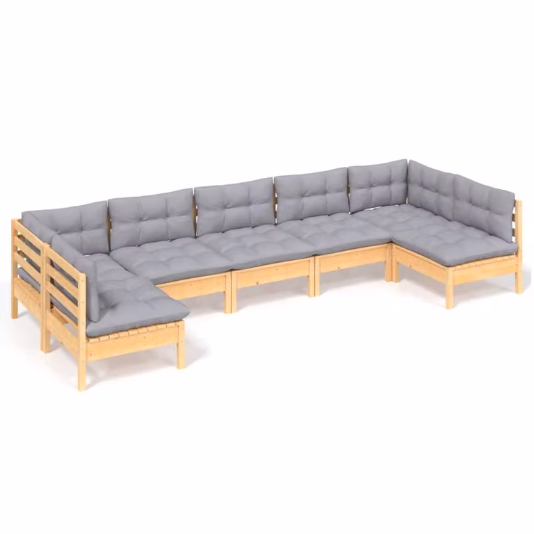 Set Divani da Giardino 7 pz con Cuscini Grigi Massello di Pino