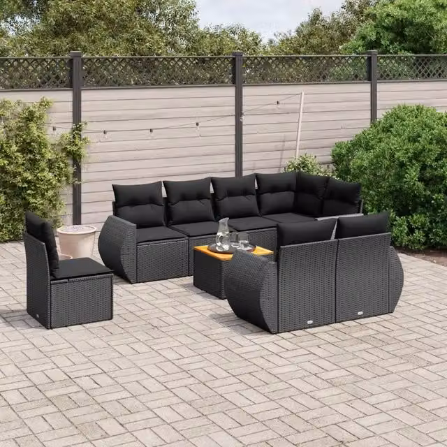 vidaXL Set Divani da Giardino 9 pz a Forma a U in Polyrattan Nero con Cuscini e Tavolino da Esterno