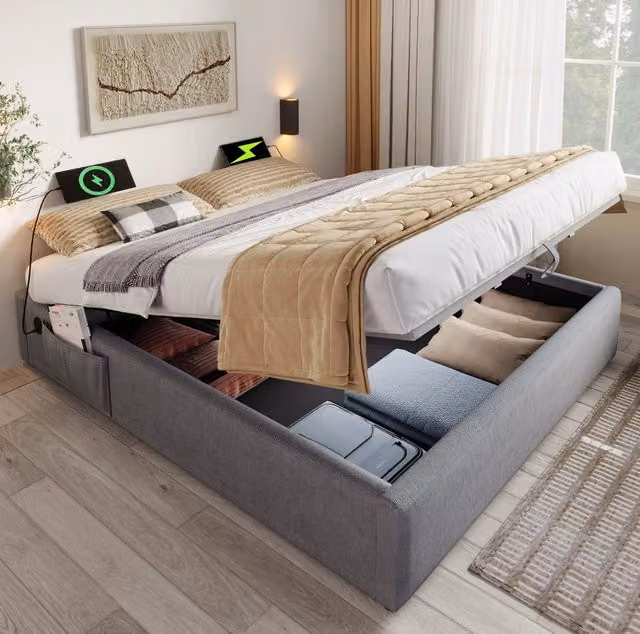Letto contenitore 160x200 cm grigio in tessuto con USB-C, salvaspazio, senza materasso –