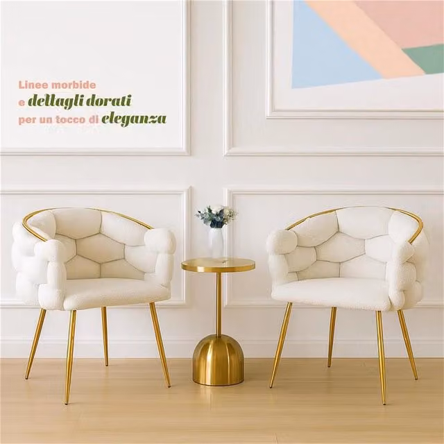 SET 2 POLTRONE IMBOTTITE IN TESSUTO TEDDY CON STRUTTURA IN METALLO ORO DIMENSIONI 71X46X82H CM COLORE BIANCO