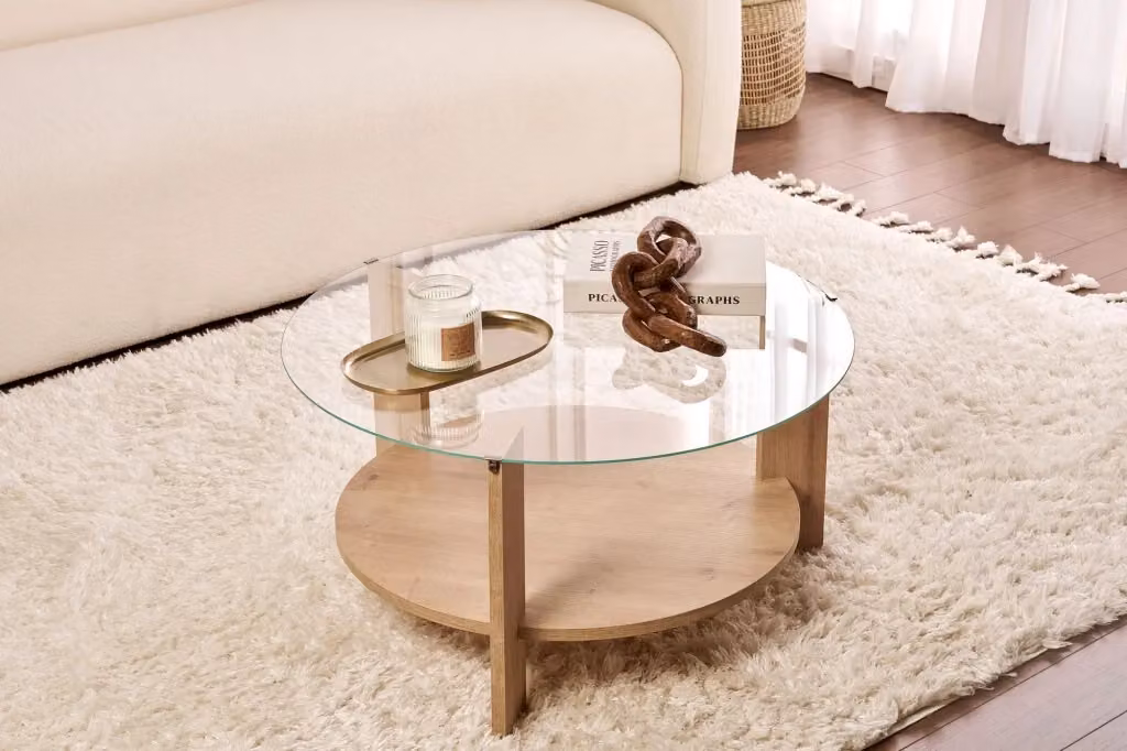 Tavolo basso quadrato Clara in legno di quercia e vetro, colore marrone trasparente, L/P/H: 75 x 75 x 40 cm – 2