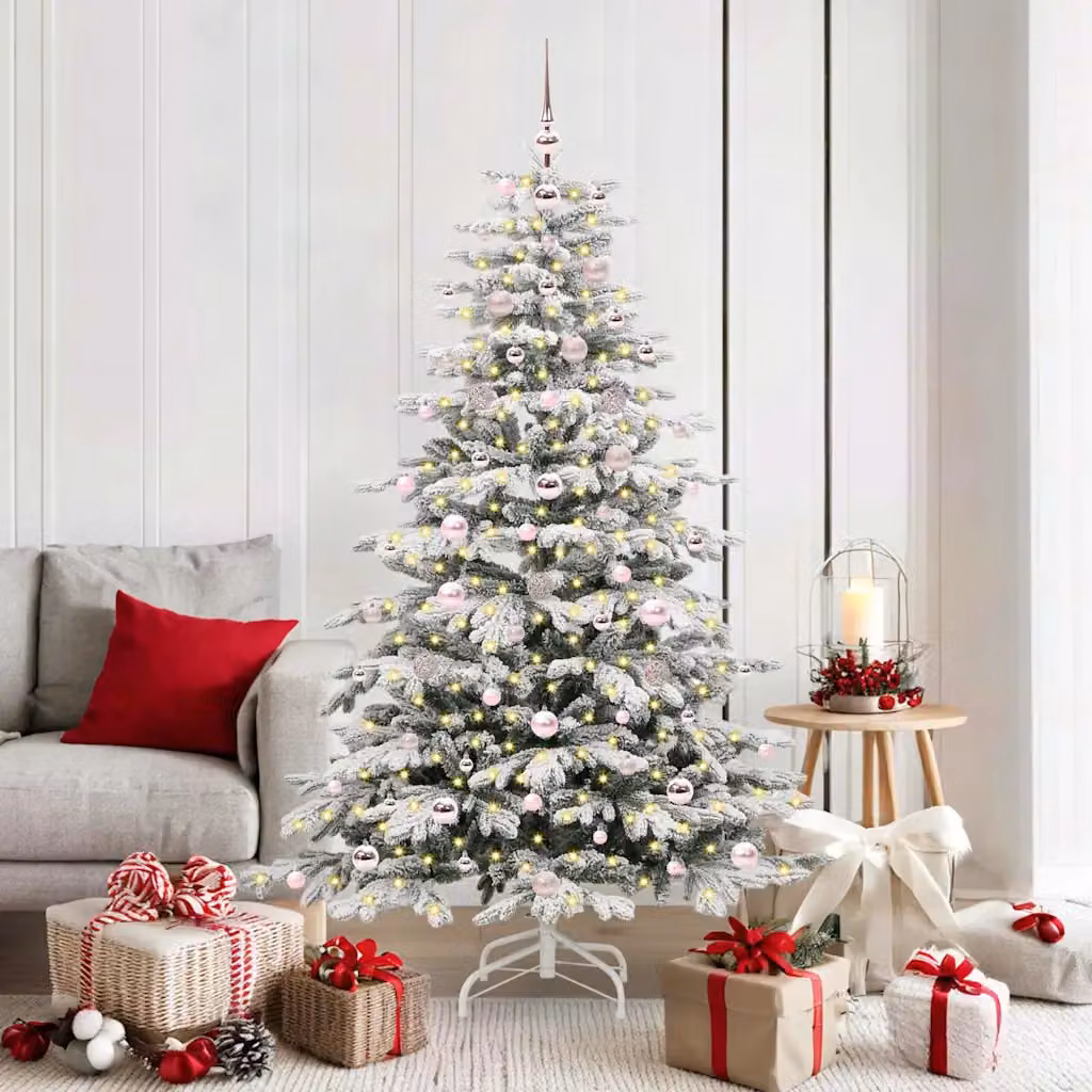 Albero di Natale Artificiale Moderno vidaXL Bianco con Luci LED e Rami Pieghevoli, Altezza: 180 cm
