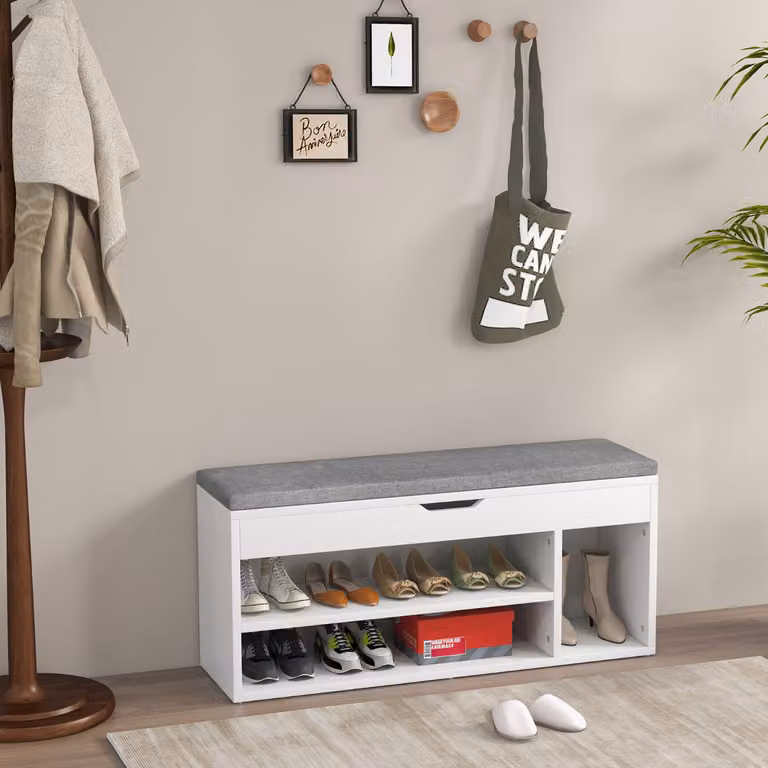 Scarpiera Costway in legno con cuscino morbido e cassetto, due ripiani, Grigio, L: 104 cm, P: 30 cm, H: 48 cm