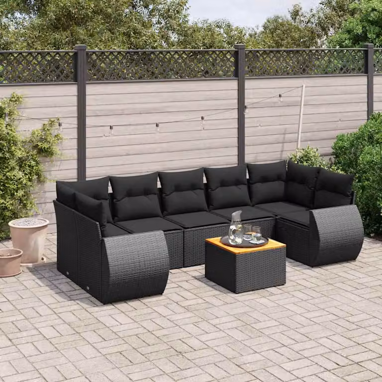 Set di divani da giardino vidaXL a forma di L in polyrattan nero con 8 pezzi e cuscini inclusi