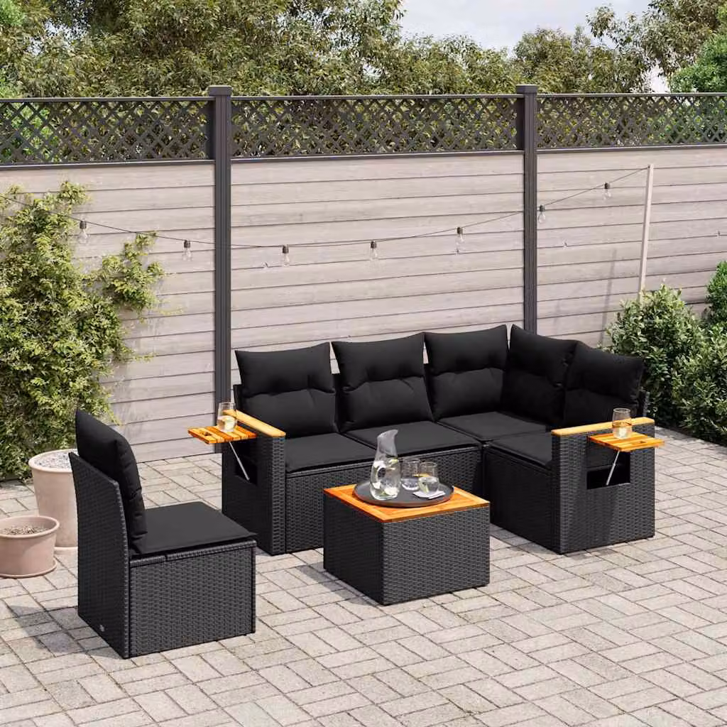 Set Divano da Giardino a L vidaXL 6 pz in Polyrattan Nero con Cuscini e Tavolino – 1