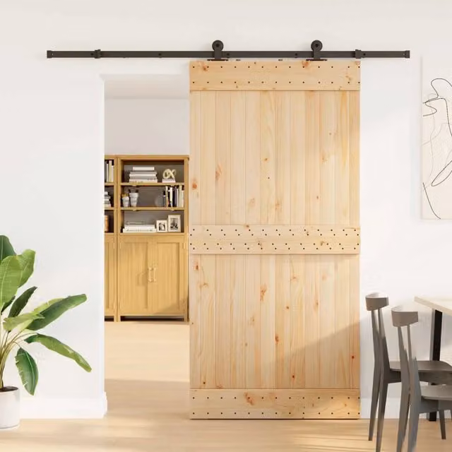 Porta scorrevole minimalista vidaXL in legno e acciaio, colori Naturale e Nero, L 100 cm x H 210 cm (Altezza totale 213,5 cm)