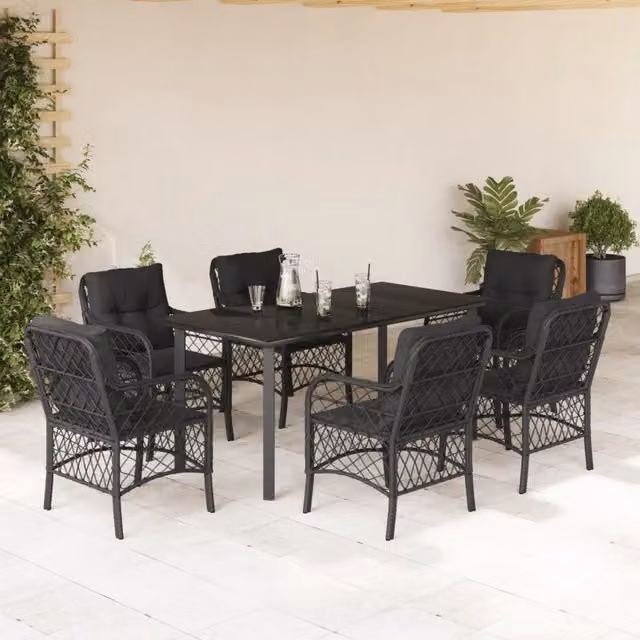 Set da Pranzo da Giardino 7 pz Nero con Cuscini in Polyrattan 3212107
