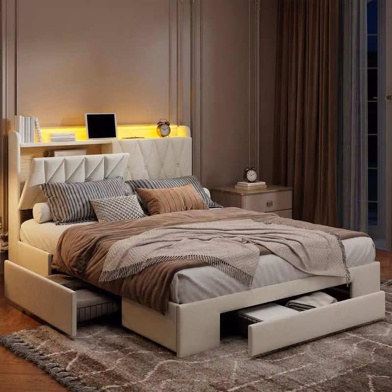 Struttura letto ProximaX in velluto beige 160x200 cm con cassetti, testiera con vano portaoggetti, luci LED e stazione di ricarica USB