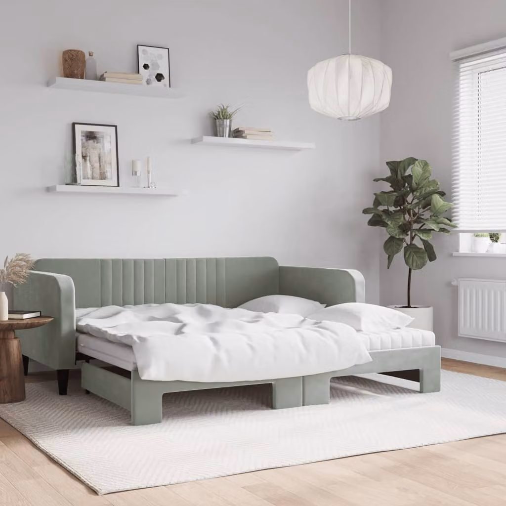 Divano Letto Estraibile vidaXL in Velluto con Cassetto, Grigio Chiaro, 90x190 cm