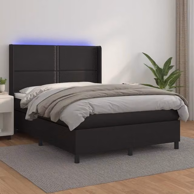 vidaXL Giroletto a Molle con Materasso e LED Nero in Similpelle con Porte USB L/P/H: 190 x 140 x 128 cm – 1