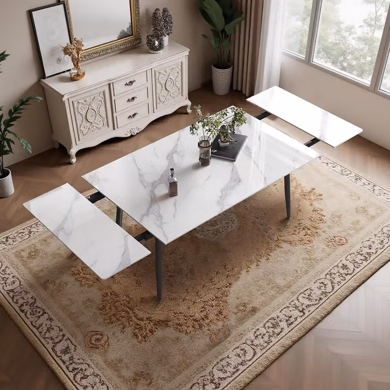Tavolo da pranzo allungabile, effetto marmo bianco, in sinterizzato, dimensioni 160-240 cm