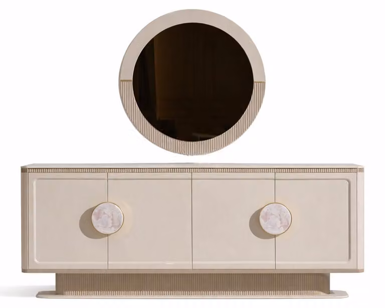 Credenza beige con specchio, cassettiera, credenza in legno, mobili da sala da pranzo